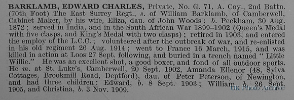 Barklamb E C Pte G/71 2nd East Surrey Regiment Obit