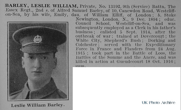 Barley L W Pte 13192 9th Essex Regiment Obit
