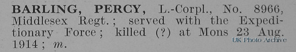 Barling P L/Cpl 8966 4th Middlesex Regiment Obit