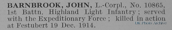 Barnbrook J L/Cpl 10865 1st Highland Light Infantry Obit