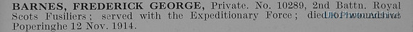 Barnes F G Pte 10289 2nd Royal Scots Fusiliers Obit