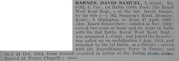Barnes D S L/Cpl 8182 1st Royal West Kent Regiment Obit