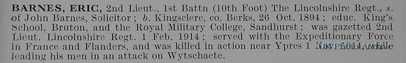 Barnes E 2nd Lt 1st Lincolnshire Regiment Obit
