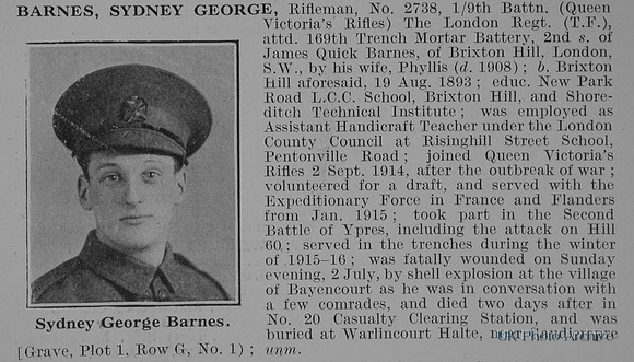 Barnes S G Rfn 2738 9th London Regiment Obit