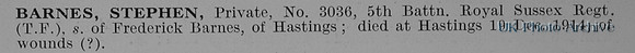 Barnes S Pte 3036 5th Royal Sussex Regiment Obit