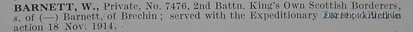 Barnett W Pte 7476 2nd Kings Own Scottish Borderers Obit