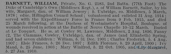 Barnett W Pte G/2183 2nd Middlesex Regiment Obit