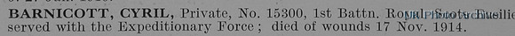 Barnicott C Pte 15300 1st Royal Scots Fusiliers Obit
