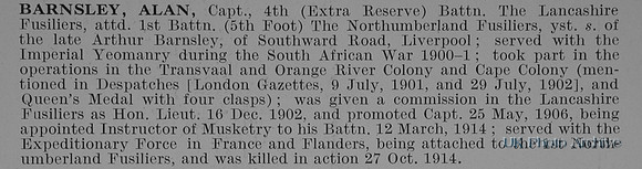 Barnsley A Captain 4th Lancashire Fusiliers Attd 1st Northumberland Fusiliers Obit