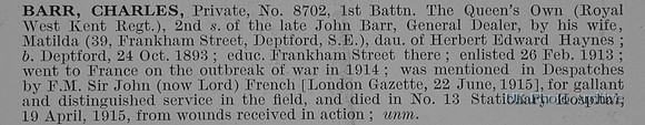 Barr C Pte 8702 1st Queen's Own Royal West Kent Regiment Obit
