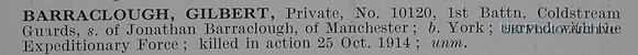 Barraclough G Pte 10120 1st Coldstream Guards Obit