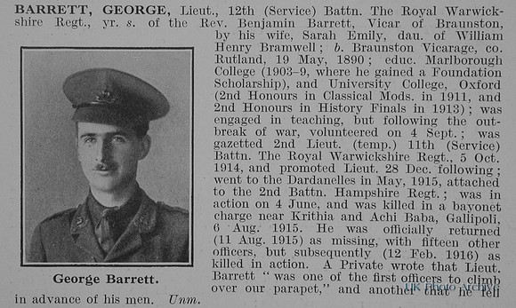 Barrett G Lt 12th Royal Warwickshire Regiment Obit