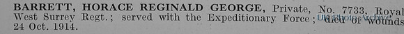 Barrett H R G Pte 7733 2nd Queen's Royal West Surrey Regiment Obit