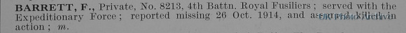 Barrett F Pte 8213 4th Royal Fusiliers Obit