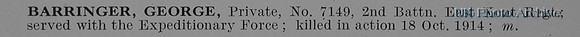 Barringer G Pte 7149 2nd East Kent Regiment Obit