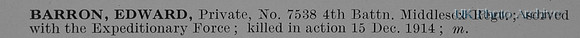 Barron E Pte 7538 4th Middlesex Regiment Obit