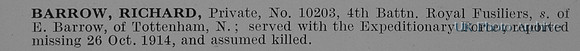 Barrow R Pte 10203 4th Royal Fusiliers Obit
