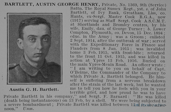 Bartlett A G H Pte 1369 9th Royal Sussex Regiment Obit
