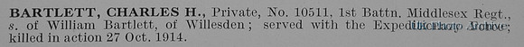 Bartlett C H Pte 10511 1st Middlesex Regiment Obit