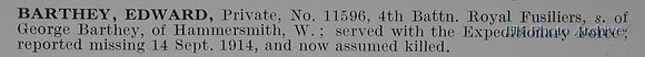 Barthey E Pte 11596 4th Royal Fusiliers Obit