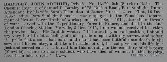 Bartley J A Pte 13479 9th Cheshire Regiment Obit
