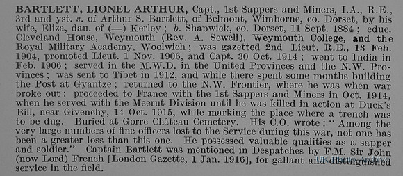Bartlett L A Captain Indian Army Royal Engineers Obit