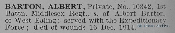 Barton A Pte 10342 1st Middlesex Regiment Obit