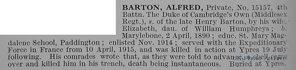 Barton A Pte 15157 4th Middlesex Regiment Obit