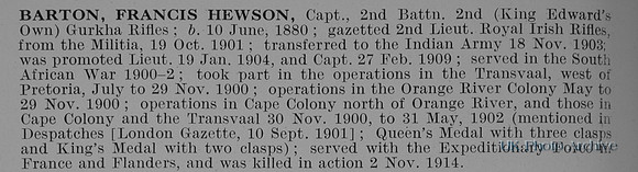 Barton F H Captain Indian Army Obit