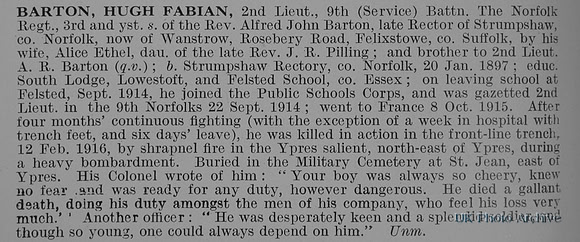 Barton H F 2nd Lt 9th Norfolk Regiment Obit