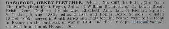 Bashford H F Pte 8097 1st East Kent Regiment Obit
