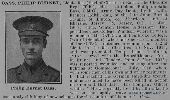 Bass P B Lt 5th Cheshire Regiment Obit