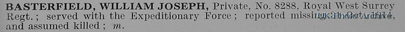 Basterfield W J Pte 8288 1st Queen's Royal West Surrey Regiment Obit
