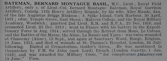 Bateman B M B Lt MC  Royal Field Artillery Obit