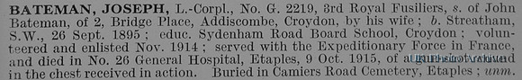 Bateman J L/Cpl G/2219 3rd Royal Fusiliers Obit