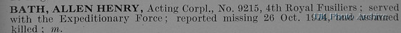 Bath A H Acting Cpl 9215 4th Royal Fusiliers Obit