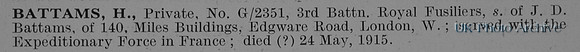 Battams H Pte G/2351 3rd Royal Fusiliers Obit