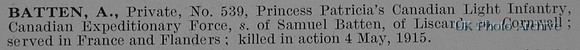 Batten A Pte 539 Princess Patricias Canadian Light Infantry Obit