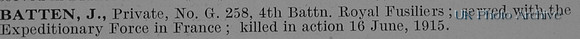 Batten J Pte G/258 4th Royal Fusiliers Obit