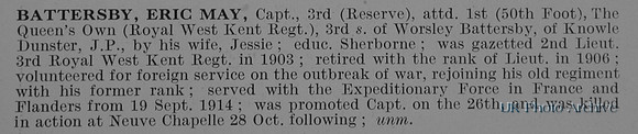 Battersby E M Captain 1st Queen's Own Royal West Kent Regiment Obit