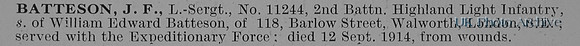Batteson J F L/Sergt 11244 2nd Highland Light Infantry Obit