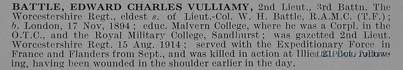 Battle E C V 2nd Lt 3rd Worcestershire Regiment Obit