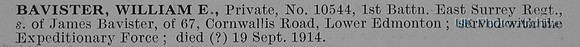 Bavister W E Pte 10544 1st East Surrey Regiment Obit