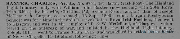 Baxter C Pte 8751 1st Highland Light Infantry Obit