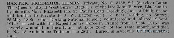 Baxter F H Pte G-3182 8th Queens Royal West Surrey Regiment Obit