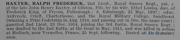 Baxter R F 2nd Lt 2nd Royal Sussex Regiment Obit