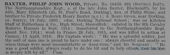 Baxter P J W Pte 16439 6th Northamptonshire Regiment Obit