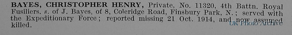 Bayes C H Pte 11320 4th Royal Fusiliers Obit