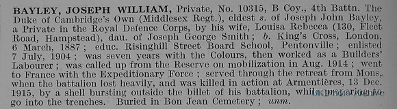 Bayley J W Pte 10315 4th Middlesex Regiment Obit