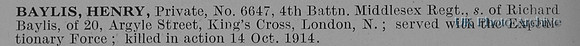 Baylis H Pte 6647 4th Middlesex Regiment Obit